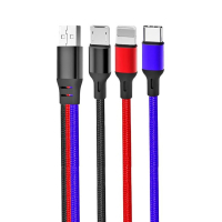 Дата-кабель USB XO NB143, 3в1, Type-C+Micro+Lightning, 1.2м, плетений, black+red+blue