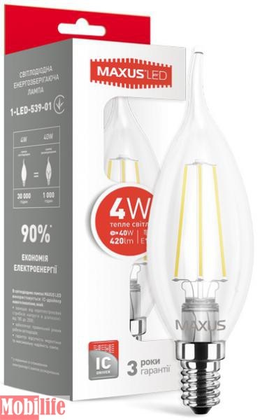 Светодиодная лампа (Led) Maxus 1-LED-539-01 (C37 FM-T 4W 3000K 220V E14) - 550523