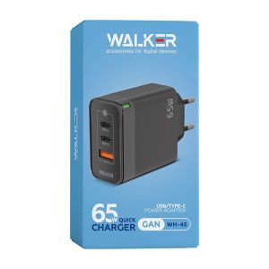 Сетевое зарядное устройство Walker WH-45 65W GAN (PD USB-C 65W, PD USB-C 30W, QC3.0 USB-A 18W) black - 919397