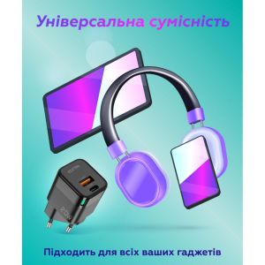 Сетевое зарядное устройство Walker WH-42 20w GaN (PD USB-C, QC3.0 USB-A) black - 919302