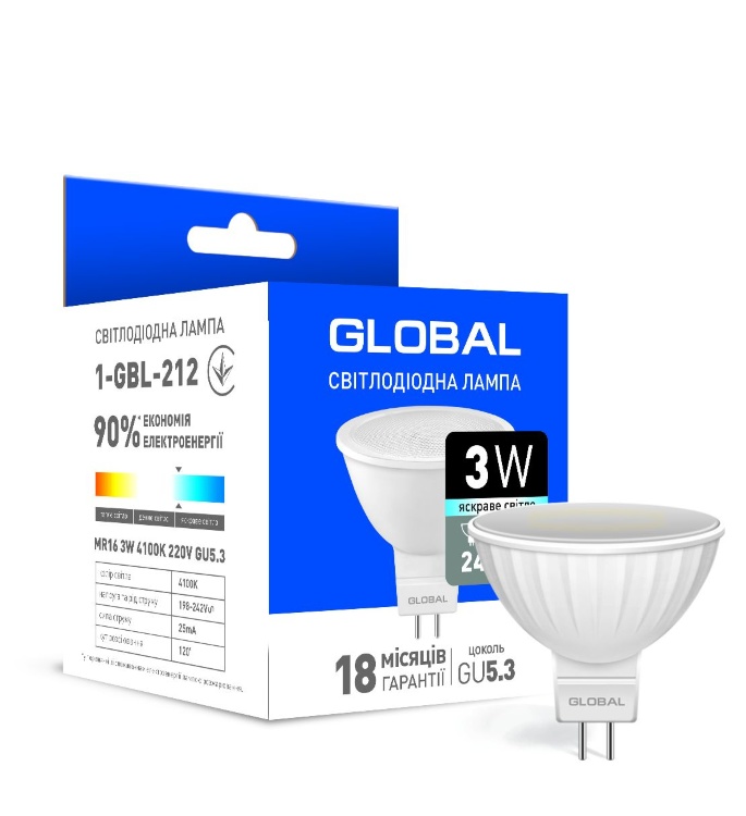 Світлодіодна лампа (LED) Global 1-GBL-212 (MR16 3W 4100K 220V GU5.3) - 557666