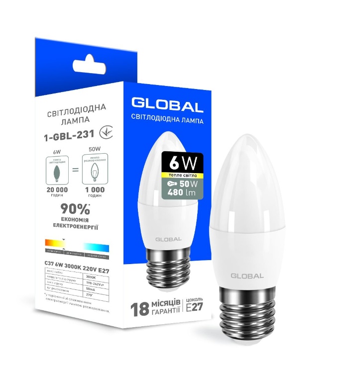 Світлодіодна лампа (LED) Global 1-GBL-231 (C37 CL-F 6W 3000K 220V E27) - 557668