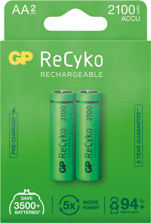 Аккумулятор GP AA R06 Recyko + Ni-MH 2100 mAh 2шт Цена за 1 елемент - 511991