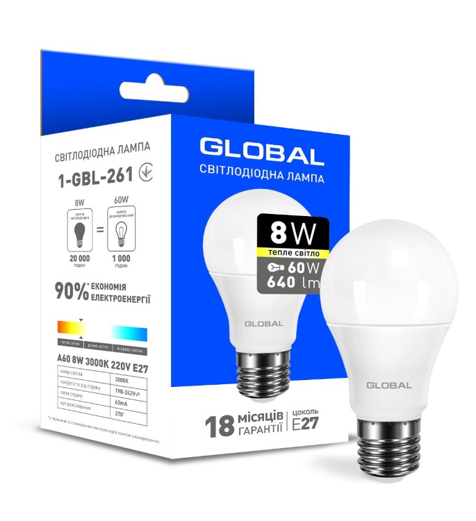 Светодиодная лампа (LED) Global 1-GBL-261 (A60 8W 3000K 220V E27) - 557673