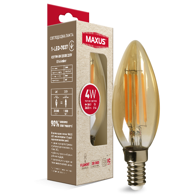 Светодиодная лампа (Led) Maxus 1-LED-7037 (C37 FM 4W 2200K 220V E14 Amber) - 557685