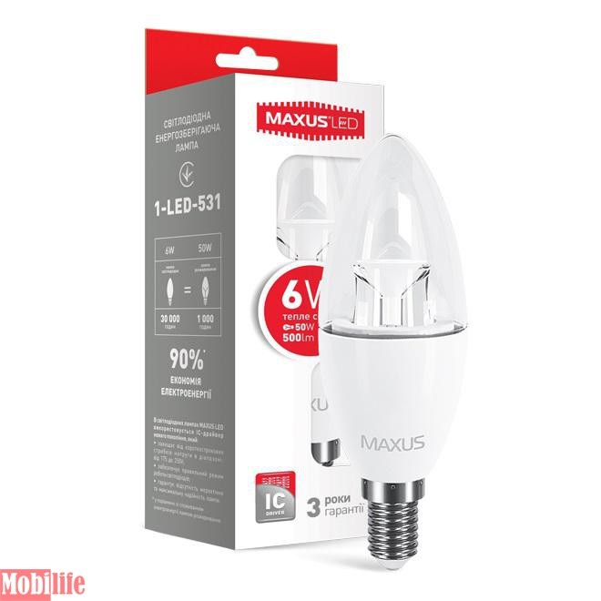 Светодиодная лампа (Led) Maxus 1-LED-531 (C37 CL-C 6W 3000K 220V E14) - 550410
