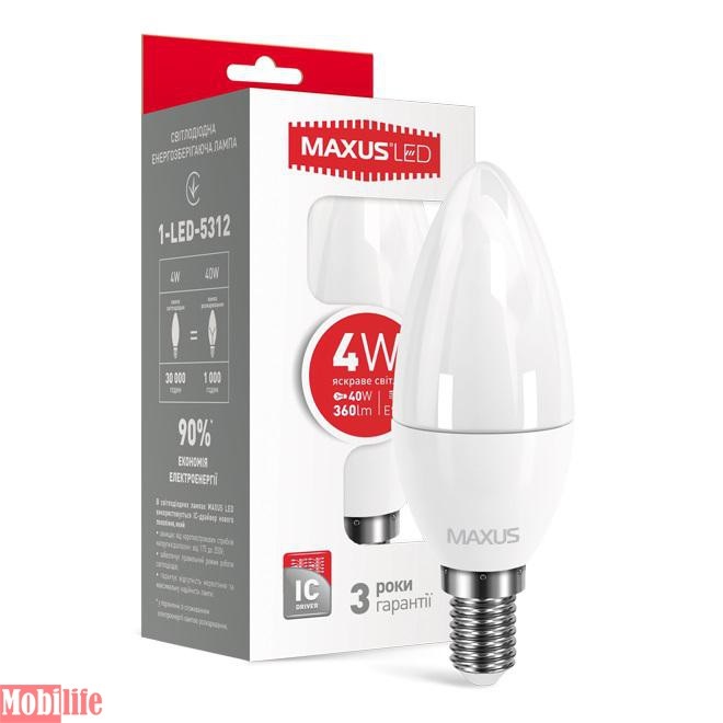 Светодиодная лампа (Led) Maxus 1-LED-5312 (C37 CL-F 4W 4100K 220V E14) - 550412