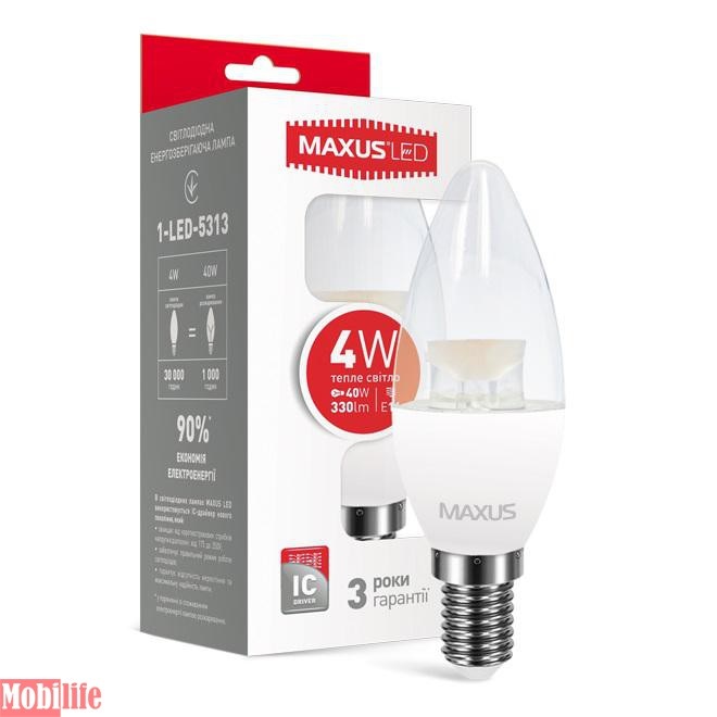 Светодиодная лампа (LED) MAXUS 1-LED-5313 (C37 CL-C 4W 3000K 220V E14) - 550413