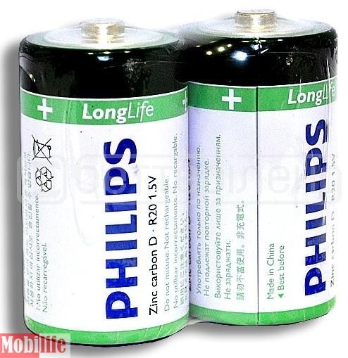 Батарейка Philips Longlife D R20-L24W 2 Shrink Цена 1шт. - 524117