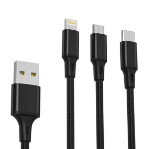 Дата-кабель USB XO NB173, 3в1, 2.4A type-c+micro+lightning, 1.2m, тканинний, black - 914481 Дата-кабель USB XO NB173, 3в1, 2.4A type-c+micro+lightning, 1.2m, тканинний, black - 914481