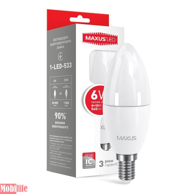 Светодиодная лампа (LED) MAXUS 1-LED-533-01 (C37 CL-F 6W 3000K 220V E14) - 550420