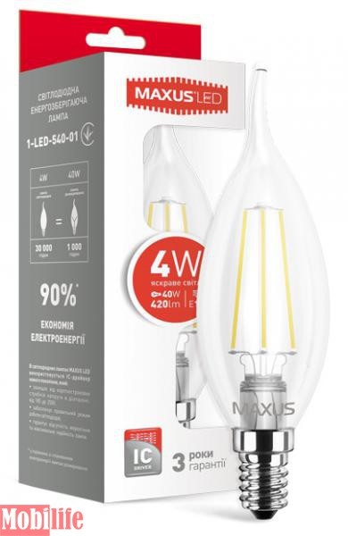 Светодиодная лампа (Led) Maxus 1-LED-540-01 (C37 FM-T 4W 4100K 220V E14) - 550525