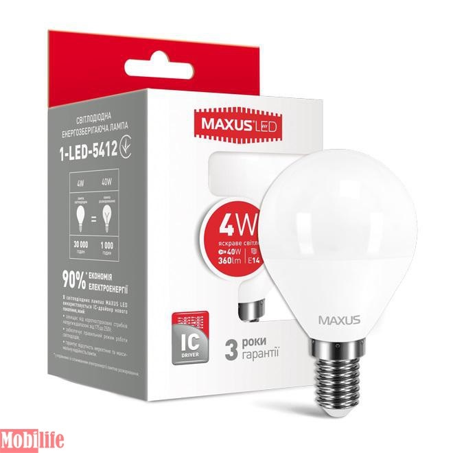 Светодиодная лампа (Led) Maxus 1-LED-5412 (G45 F 4W 4100K 220V E14) - 550529