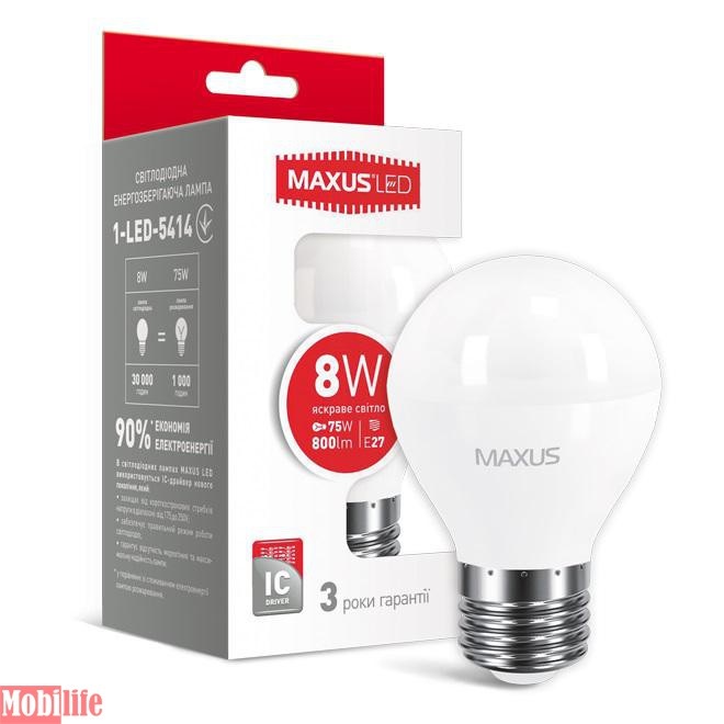 Светодиодная лампа (Led) Maxus 1-LED-5414 (G45 F 8W 4100K 220V E27) - 550531