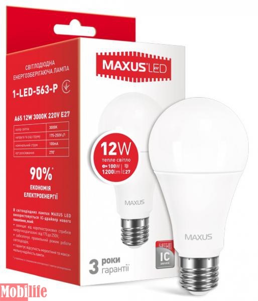 Светодиодная лампа (LED) MAXUS 1-LED-563-P (A65 12W 3000K 220V E27 P) - 550932