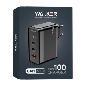 Сетевое зарядное устройство с быстрой зарядкой WALKER WH-47 (100w GaN PD 2USB-C/USB-A ports charger) black - 919256