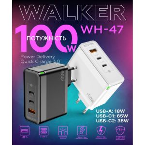 Сетевое зарядное устройство с быстрой зарядкой WALKER WH-47 (100w GaN PD 2USB-C/USB-A ports charger) black - 919256