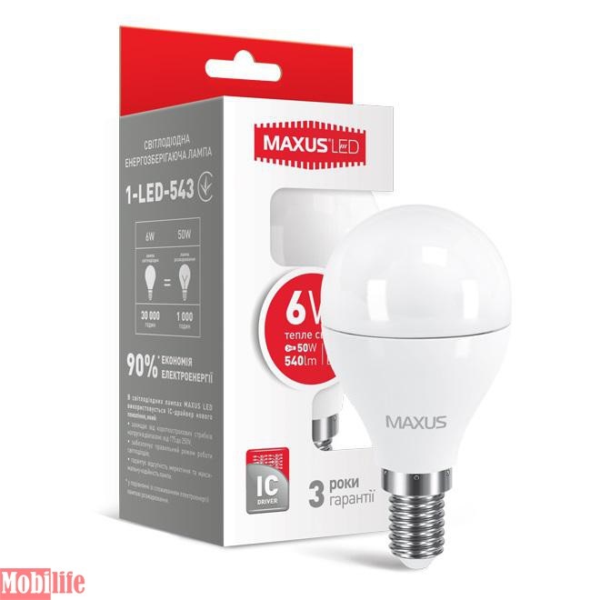 Светодиодная лампа (Led) Maxus 1-LED-543 (G45 F 6W 3000K 220V E14) - 550535
