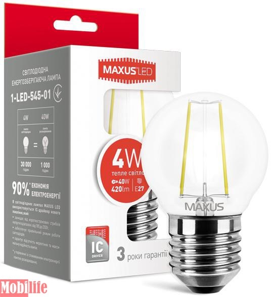 Светодиодная лампа (Led) Maxus 1-LED-545-01 (G45 FM 4W 3000K 220V E27) - 550538