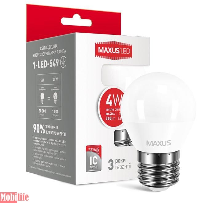 Светодиодная лампа (LED) MAXUS 1-LED-549 (G45 F 4W 3000K 220V E27) - 550545