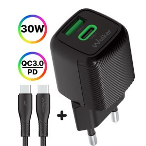 Сетевое зарядное устройство WALKER WH-71 (GAN 30W) + Type-C to Type-C, black - 922955