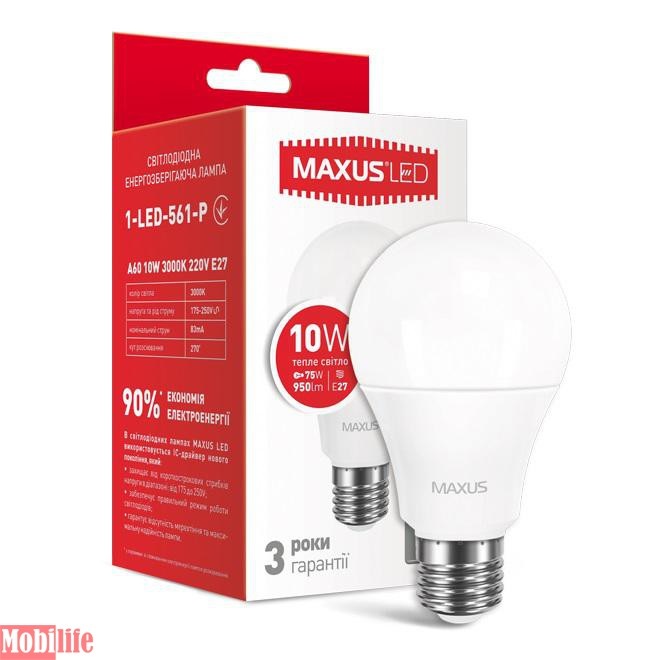 Светодиодная лампа (LED) MAXUS 1-LED-561-P (A60 10W 3000K 220V E27) - 550553