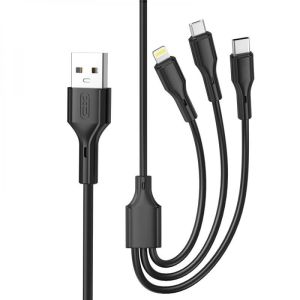 Дата-кабель USB XO NB230, 3в1, 2.4A Quick Charge Type-C+Micro+Lightning, 1m, прогумований black - 914526