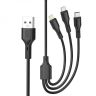 Дата-кабель USB XO NB230, 3в1, 2.4A Quick Charge Type-C+Micro+Lightning, 1m, прогумований black - 914526
